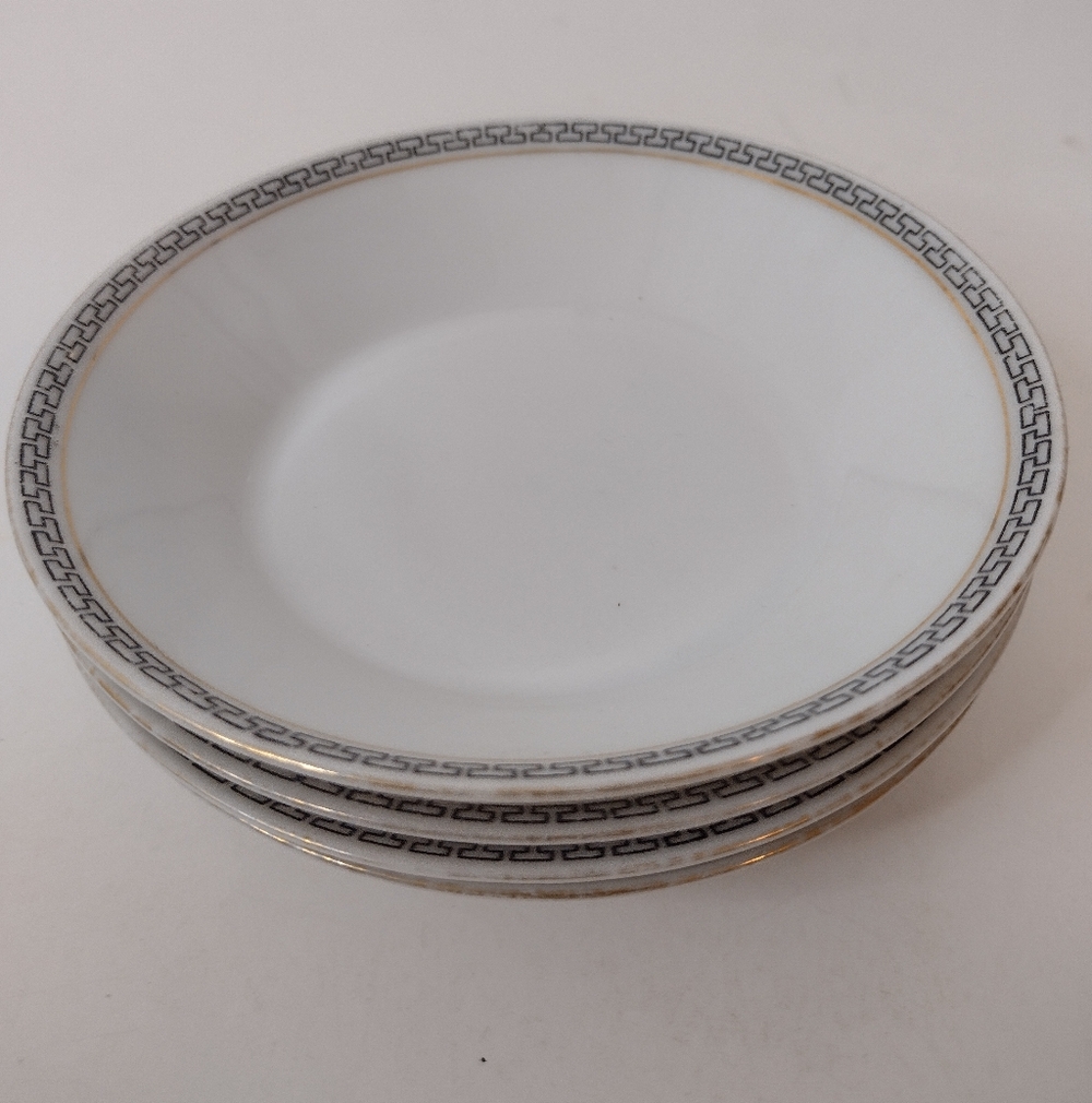 Classic White Porcelain  Dessert Bowls with Silver Greek Key Trim - Set of 4